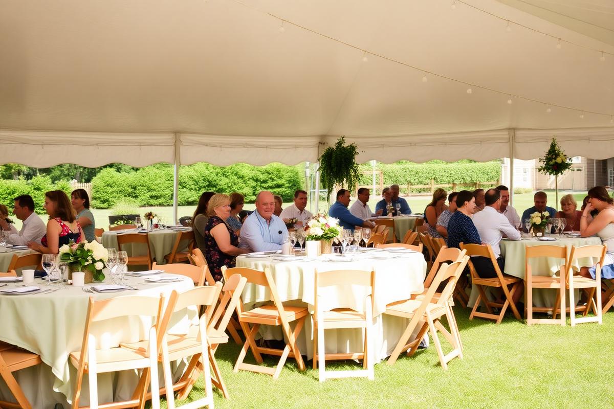 A warm, festive outdoor family gathering with tables, chairs, and decorations